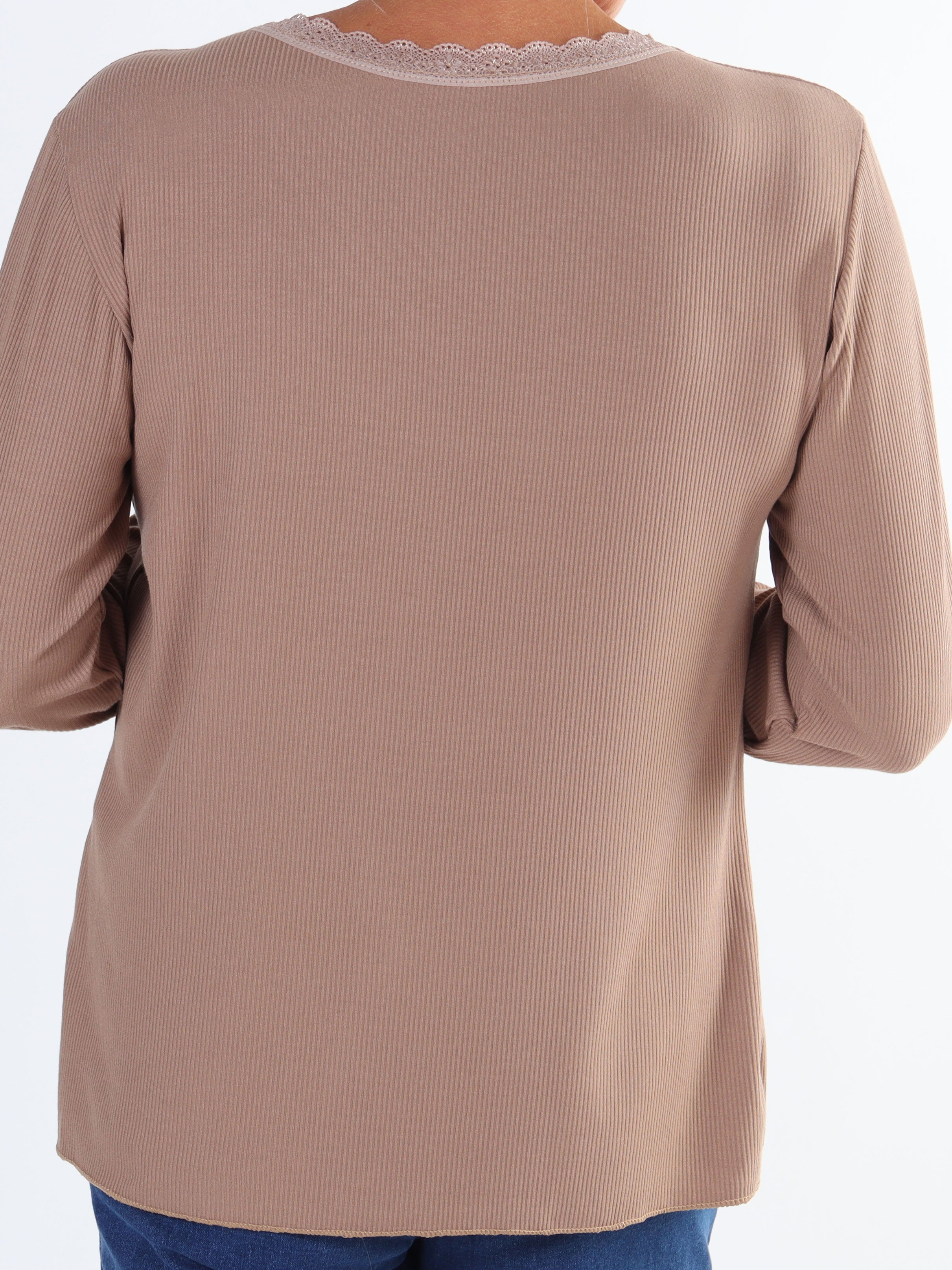 Ibina Long Sleeve - Plus size bluse med rib og blondekanter